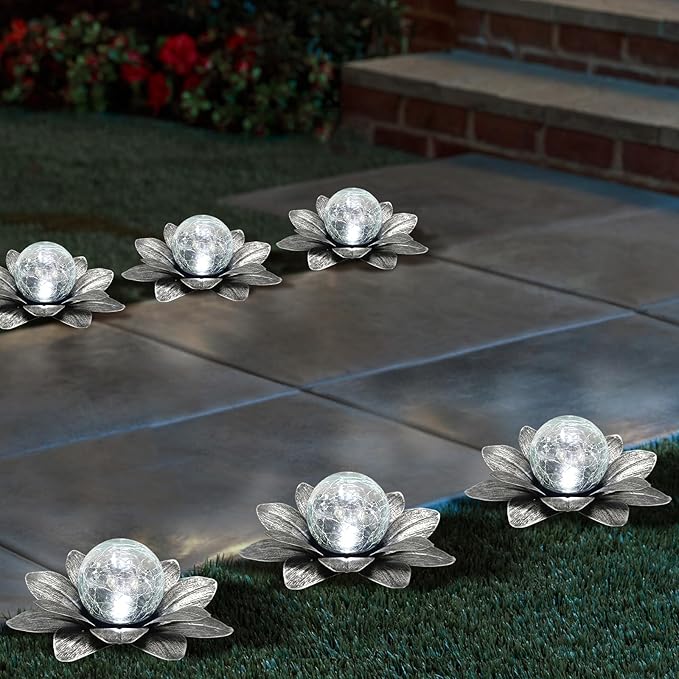 LEWIS&ampWAYNE Solar Garden Lights Outdoor 3 Pcs Silver Gray Lotus Flower Pathway Lamps with Cool White Crackle Glass Globe Led Lights for Patio Pathway Yard Balcony Garden Decorations