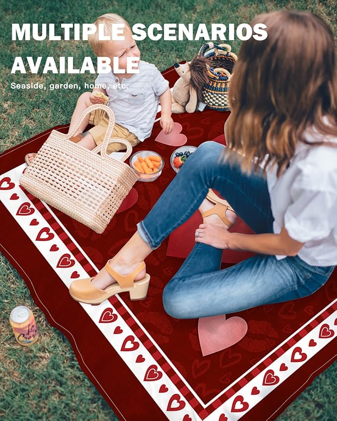 Beach Blanket Waterproof Sandproof OversizedValentine's Day Romantic Love Hearts Beach Mat with Corner Stakes Sand PocketsLip Kiss Texture on Red Outdoor Picnic Mat for Travel Camping83x79In