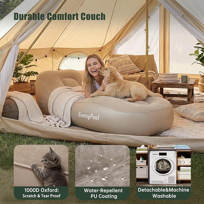 SUNNYFEEL Inflatable Lounge Chair with Built-in Pump Heavy Duty PVC Flocked Inflatable Sofa for Adults Portable Air Lounger for Camping Beach Home &amp OutdoorBeige