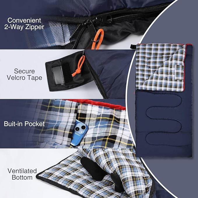 REDCAMP Cotton Flannel Sleeping Bag for Camping Backpacking Adults Cold Weather Envelope Sleeping Bags with 2/3/4/6lbs Filling