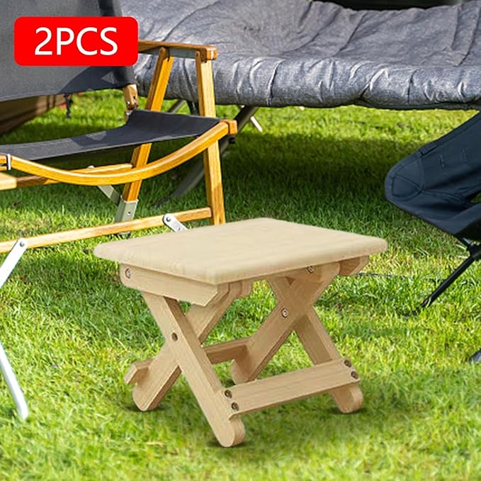 Compact Folding Wooden Stool Garden Stool Reinforced Cross Bar Picnic Stool for Bedroom 2 Piece
