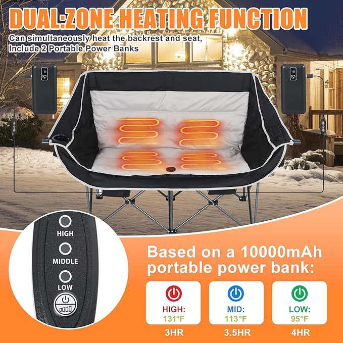 CDEN Heated Camping Chair with Battery Padded Chair Oversized Camping Loveseat Double Camping Chairs with Cup Holder Cooler Bag Wine Holder Dual Power Banks Included(Black &amp Gray)