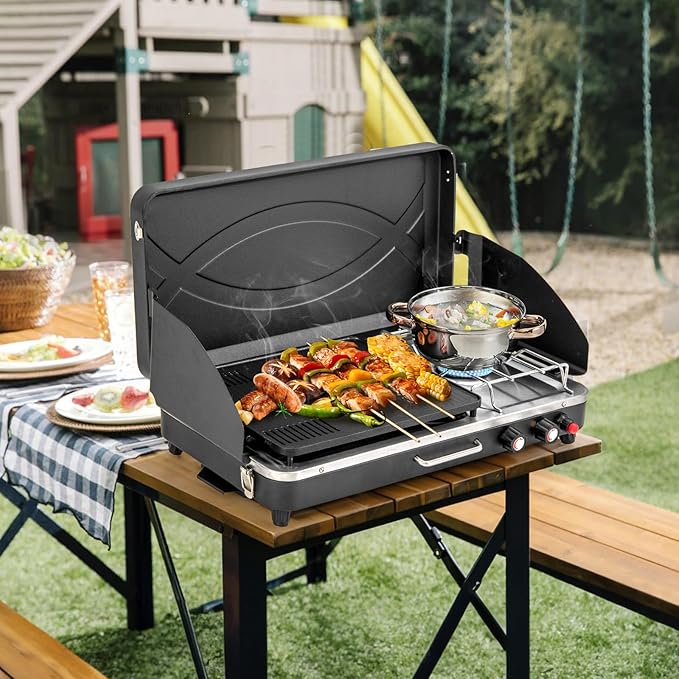Nightcore 2-Burner Propane Camping Stove Portable Camp Grill with Detachable Legs Roast Grill &amp 3-Sided Wind Screen 22000 Total BTUs of Power Outdoor Grill Stove for Camping BBQ Picnic Black