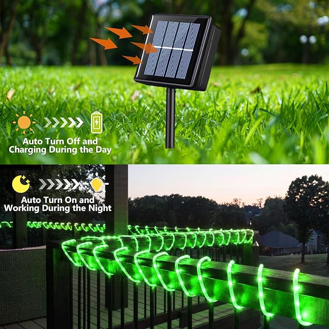 YEGUO Solar Christmas Light Outdoor Waterproof 66ft 200 LED Green Rope Lights 8 Modes Tube String Lights in Clear Thin Tube