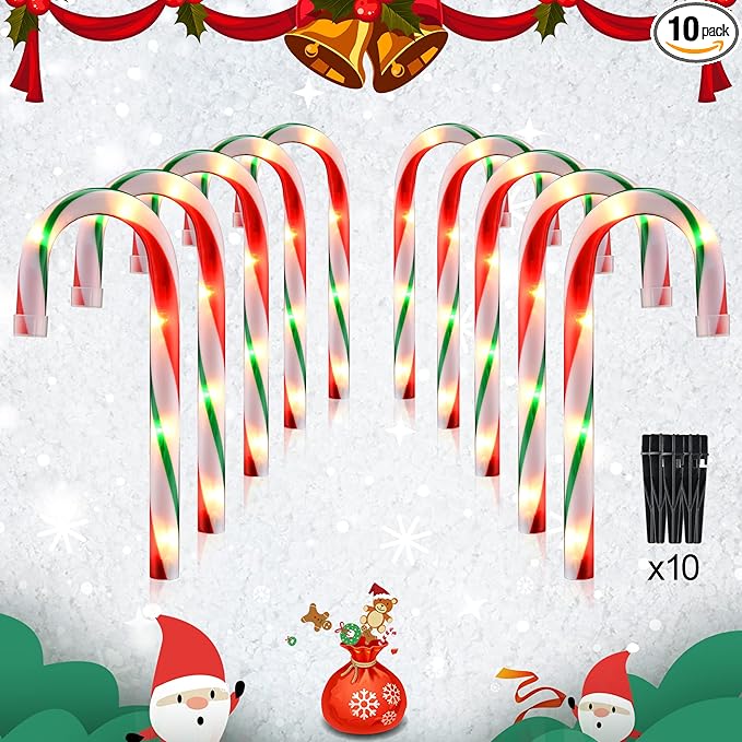 10 Christmas Candy Cane Lights - Set of 10 Pathway Markers Christmas Outdoor Yard Decorations Xmas Candy Canes Stake Lights for Lawn Walkway Garden Xmas Party Indoor Ornaments