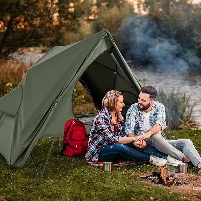 GYMAX 2-Person Camping Cot Tent Foldable Off-Ground Cot Bed Combo with Portable Wheeled Bag Waterproof Rainfly 2 Mesh Doors &amp Skylight Roof for Adults Hiking Backpacking Outdoor