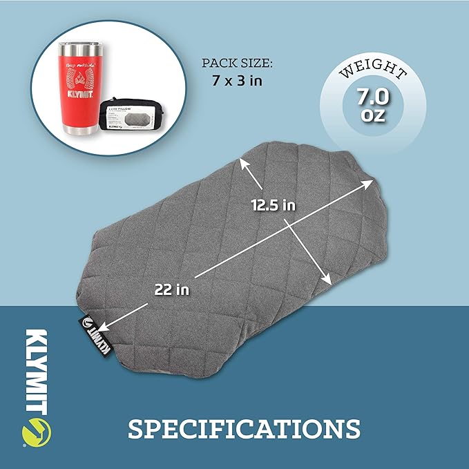 Klymit Luxe Travel Pillow Lightweight Inflatable Hybrid Airplane Backpacking Hammock and Camping Pillow Grey