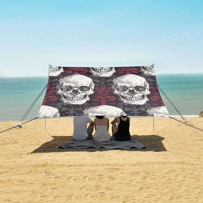 Skull Pattern Beach Tent Sun Shelter 9.2' x 10.5' Beach Canopy with 4 Sandbags 4 Stability Poles Sand Shovels - Tent Canopy for Beach Camping Fishing Picnics