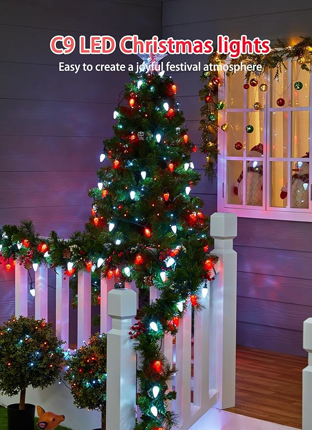 C9 Christmas Lights Outdoor Waterproof 114 Feet 150 LED C9 String Light with Timer &amp 8 Light Mode Connectable Christmas Tree Lights for House Outside Roofline Indoor Decoration Red &amp Pure W