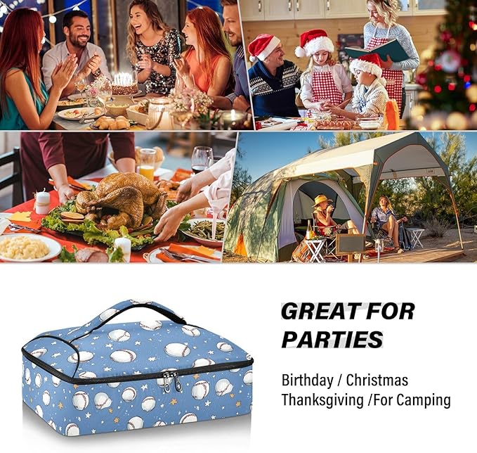 Casserole Carrier Baseballs and Stars PrintInsulated Casserole Carrier for Hot or Cold Food Thermal Lunch Tote for Potluck Parties Picnic Beach Fits 9 x 13 Inches Baking Dish