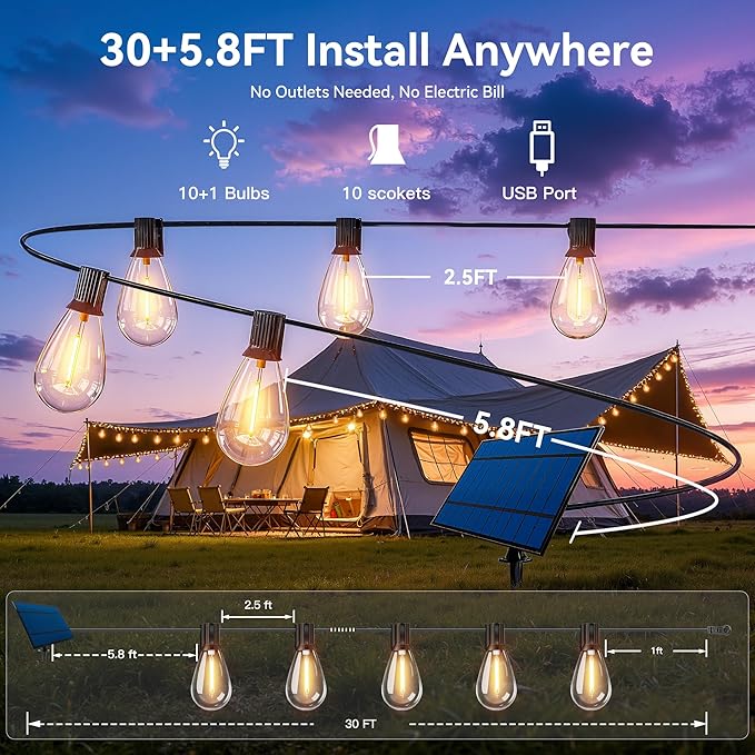 Ollny S11 30FT Solar String Lights Outdoor with Remote Waterproof Dimmable Patio Lights with Timer &amp 3 Lighting Modes 10 Shatterproof Edison Bulbs String Lights for Outside Backyard Party Décor