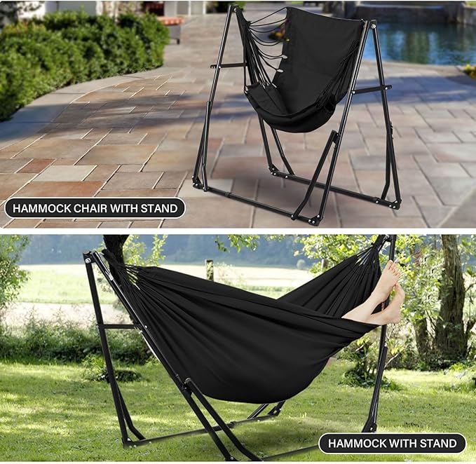 2 in 1 Hammock with Stand Outdoor Hammock Swing Chair with Portable Heavy Duty Stand Multi-Functional Hammock Stand 480 lbs Weight Capacit-Black