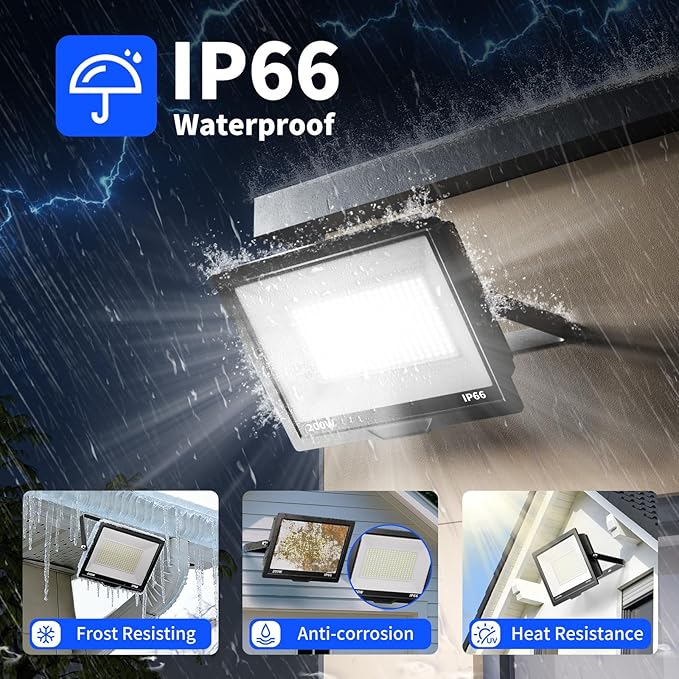 2 Pack 200W LED Flood Lights Outdoor 24000LM Brighter Security Lights with Plug+10ft Cord IP66 Waterproof 5000K White Floodlight for Yard Garden Stadium Playground Arena