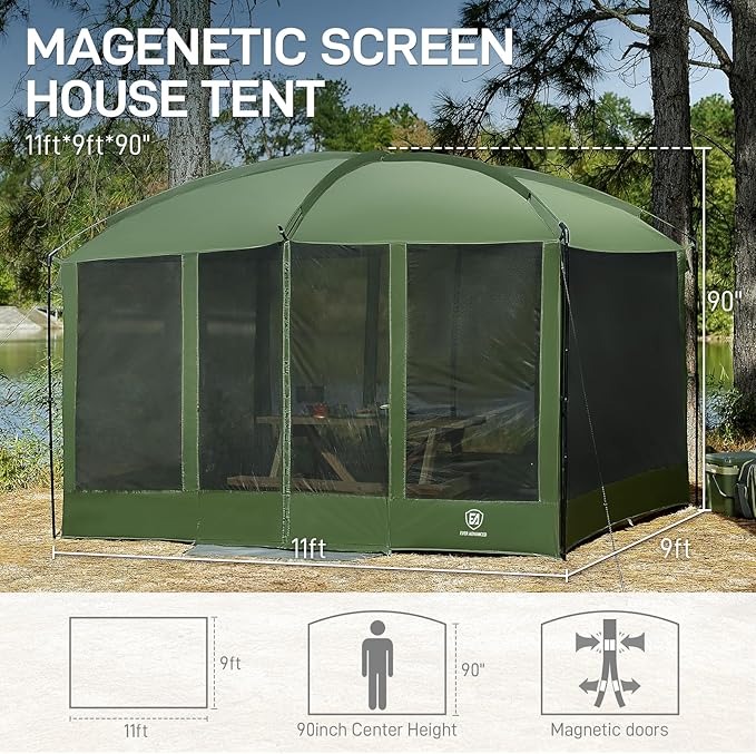 EVER ADVANCED Magnetic Screen House Room 11x9ft Hands-Free EntryScreenhouse with Sun Protection for Camping&ampPicnic 11x9ftCamping Tent Canopy Shelter with Mesh Green