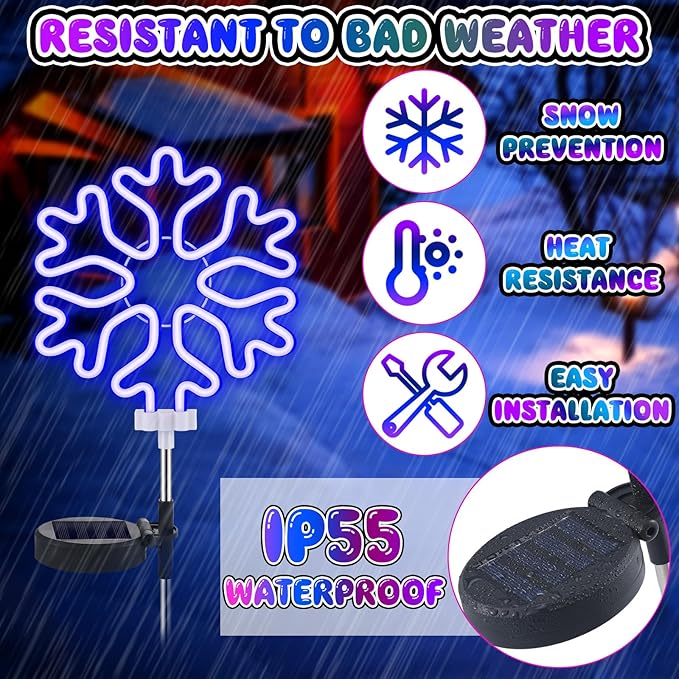 2 Pcs Solar Christmas Snowflake Garden Stake Lights Waterproof Xmas Snowflake Solar Landscape Path Lights for Outside Stakes Xmas Light Stake for House Yard