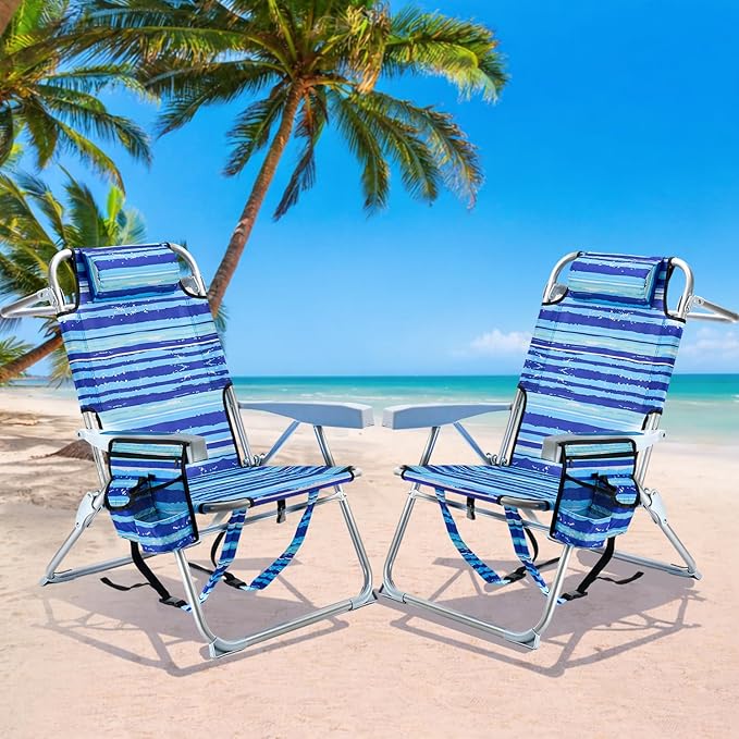 GVDV Backpack Beach Chairs for Adults 2 Pack Portable Lay Flat Folding Chair with Cup Holder and Towel Bars 4-Position Adjustable Reclining Chair for Beach Camp Outdoor Blue and White Stripes