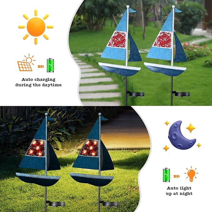 Solar Garden Lights Sailboat Stake Decor-Yard Outdoor Statue Decorations Waterproof 5 LED Metal Landscape Lighting Flower BedPondYardLawn Gift for Mom Grandma Women
