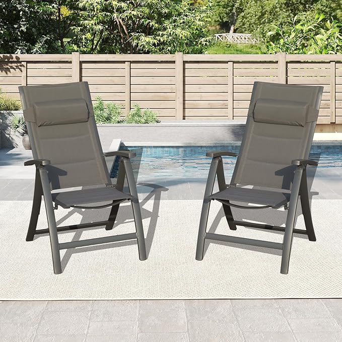 Domi Patio Outdoor Sling Chairs Set of 2 with Moveable Headrest Folding Chairs Outdoor Reclining Camping Chairs with Armrest Adjustable High Backrest and Padded Textilene Fabric Seat