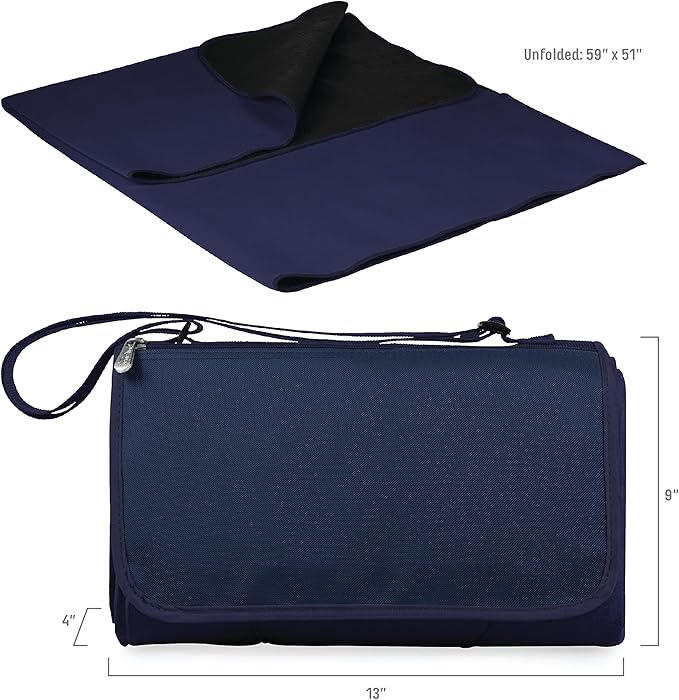 PICNIC TIME Outdoor Picnic Blanket Tote 59x51 Foldable Beach &amp Camping Blanket with Soft Fleece Water-Resistant Bottom Adjustable Strap &amp Zippered Pocket (Navy Blue with Blue Flap)