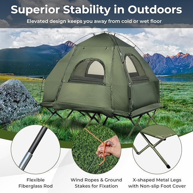 GYMAX Tent Cot 5-in-1 Folding Camping Cot with Mattress &amp Pillows Sleeping Bags Sunshade Camping Tent Elevated with Carrying Bag for Outdoor Hiking Fishing Picnic