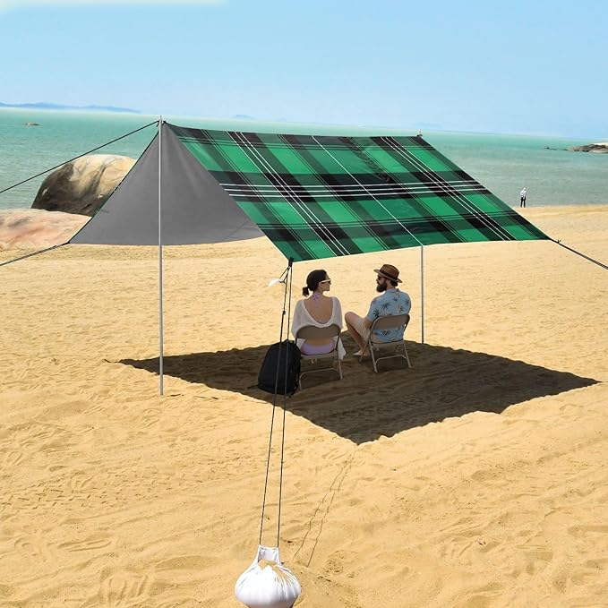 Plaid Texture Green Beach Tent Sun Shelter 9.2' x 10.5' Beach Canopy with 4 Sandbags 4 Stability Poles Sand Shovels - Tent Canopy for Beach Camping Fishing Picnics