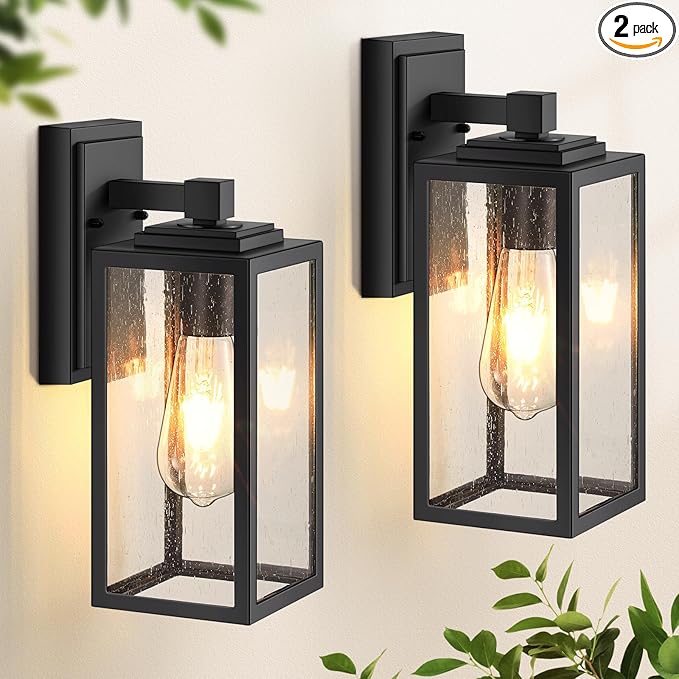 VIANIS 2 Pack Outdoor Wall Lights Exterior Lights for House Lantern Matte Black Waterproof Anti-Rust Outdoor Lights for Porch Garden Doorway Seed Tempered Glass