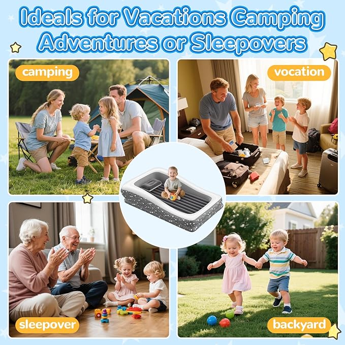 Inflatable Toddler Travel Bed - 67'' Large Size Safety Kids Air Mattress with 4 Sides - Portable Camping Bed for Outdoor Sleepovers Easy to Inflate &amp Deflate with Storage Bag &amp Pump Grey