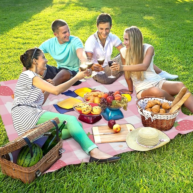 Waterproof Sandproof Beach Blanket 59''×68'' Pink Check Pattern Polyester Outdoor Picnic Blanket with 4 Stakes &amp Storage Bag for BeachCampingVacation