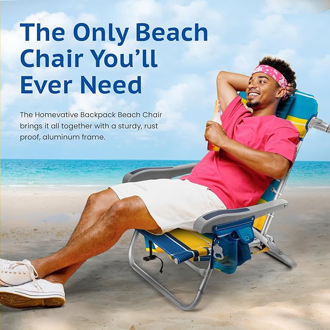Homevative Backpack Fold-Up Beach Chair 5 Positions Towel bar Cooler Storage Pouch Cup Holder and Phone Pocket