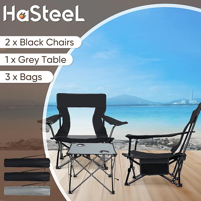 HaSteeL Folding Beach Chair Set of 3 Foldable Black Camping Chairs &amp Grey Table for Outside Low Beach Chair Portable for Adults Fishing Picnic Outdoor BBQ Cup Holder &amp Storage Bag