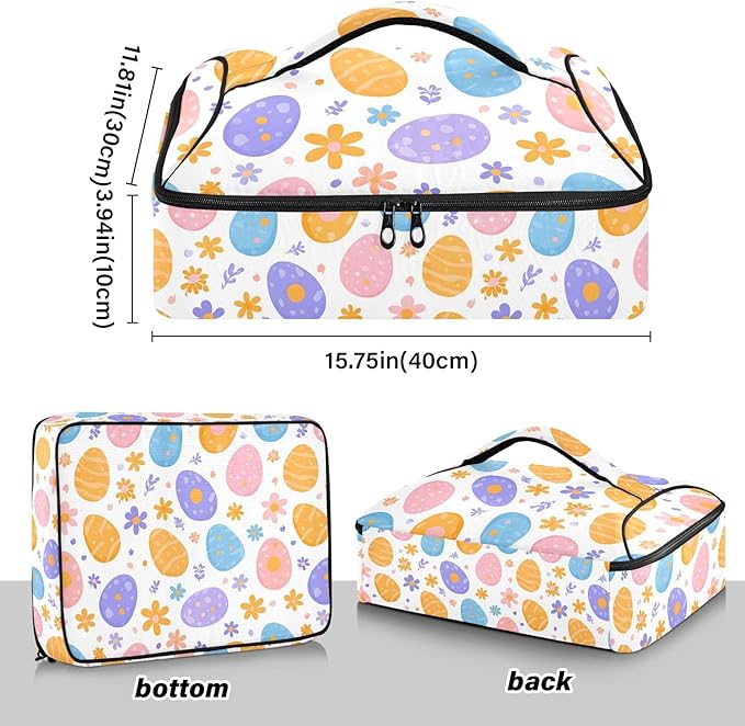 Casserole Carrier Cute Easter Colorful EggsInsulated Casserole Carrier for Hot or Cold Food Thermal Lunch Tote for Potluck Parties Picnic Beach Fits 9 x 13 Inches Baking Dish
