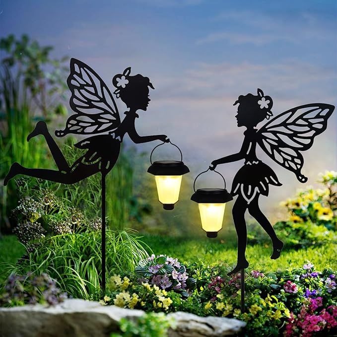 Solar Fairy Garden Stake Decorative Lantern 2 Pack Metal Fairy Angel Garden Silhouette Lights for Lawn Pathway Patio Yard Outdoor Decor
