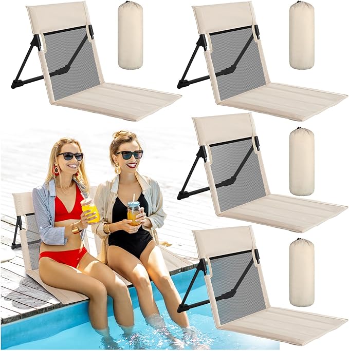 Karenhi 4 Pcs Foldable Poolside Chairs Portable Beach Chair Folding Seat for Edge of Pool Provide Back Support with Carry Bag for Adults Traveling Camping Picnic Lawn(Beige26.8 InchMesh Style)