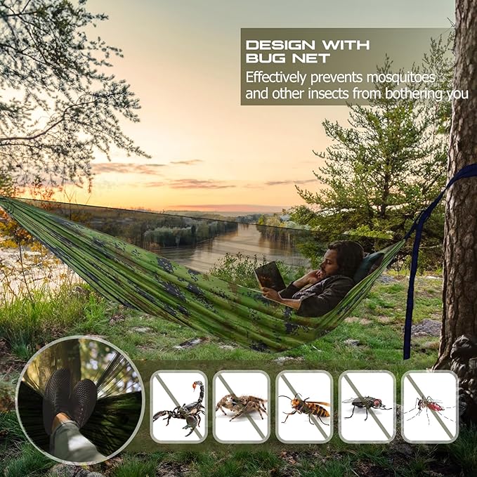 Camping Hammock Portable Hammocks with Mosquito NetLightweight Nylon Parachute Hammock with 10ft Tree StrapsCamping Gear Must Haves for TravelHikingBackpackingBeachPatio-Plaid Camouflage