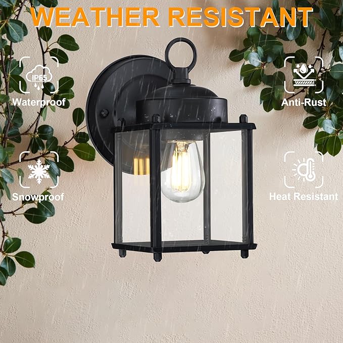 GRUENLICH Outdoor Wall Sconce Exterior Wall Lighting Fixtures with Clear Glass Front Porch Lighting Anti-Rust Outside Lights for Patio Doorway Matte Black 2 Pack