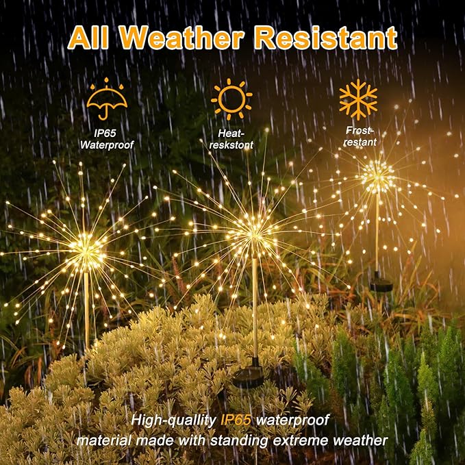 Solar Garden Firework Lights Outdoor Waterproof 4 Pack Solar Lighting with 8 Lighting Modes 120 LED Sparklers String Lights for Outside Decor Yard Pathway Decorations(Warm)
