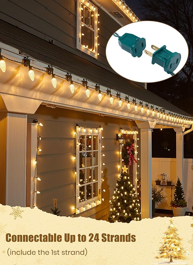 C9 LED Christmas Lights Outdoor 68 Feet 100 LED Strawberry String Lights With 100 Spring Clamps Waterproof Commercial Grade Extendable for Outside Roofline Patio Home Xmas Decoration Warm White