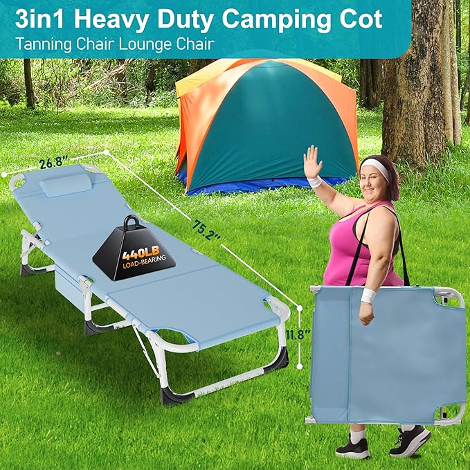 ABORON Folding Camping Cot W/Mat &amp Face Arm Hole for Adults Adjustable Heavy Duty Outdoor Bed1200 D Layer Oxford Travel Camp Cots for Beach Pool LawnYard Patio