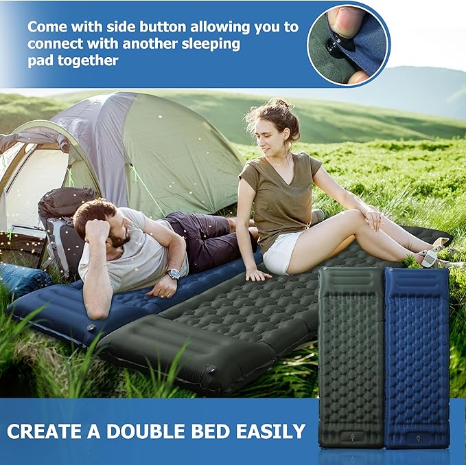 Sleeping Pad 4.7 Extra-Thick &amp Ultralight Inflatable Camping Mat with Pillow Built-in Foot Pump Compact for Backpacking Camping Hiking Travel — Navy Blue