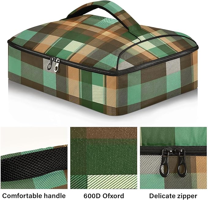 Casserole Carrier Green Brown Tartan Plaid Print Insulated Casserole Carrier for Hot or Cold Food Thermal Lunch Tote for Parties Picnic Travel Carry Bag