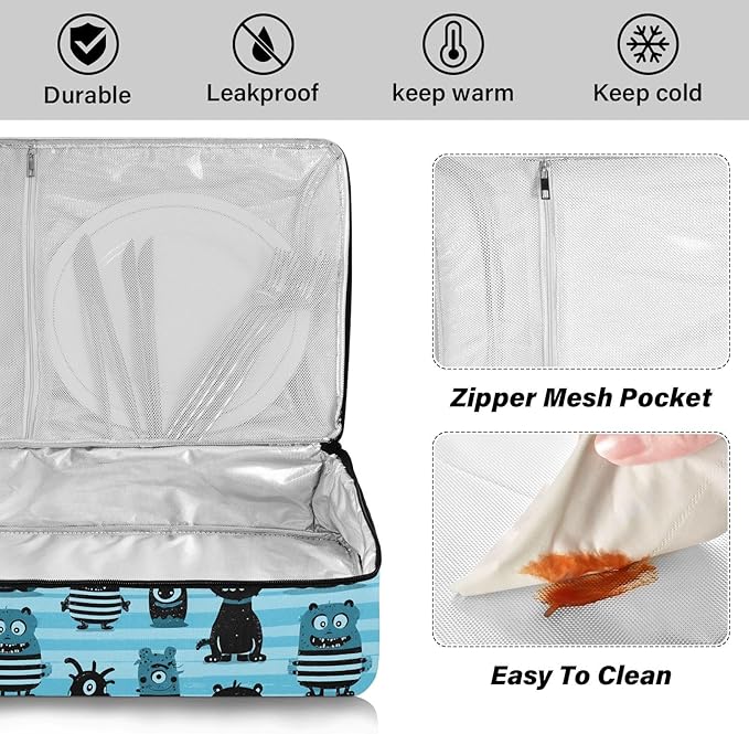Casserole Carrier Cartoon MonstersInsulated Casserole Carrier for Hot or Cold Food Thermal Lunch Tote for Potluck Parties Picnic Beach Fits 9 x 13 Inches Baking Dish