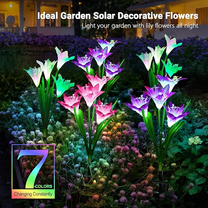 WdtPro Solar Lights Outdoor Garden Decorative 6 Pack Waterproof Solar Garden Lights with 24 Lily Flowers Color Changing LED Solar Powered Landscape Lights for Outside Yard Patio DecorGifts