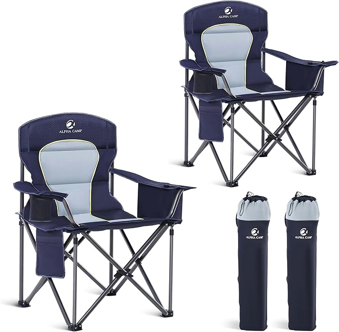 LET'S CAMP Oversized Folding Camping Chair Portable Outdoor Heavy Duty Padded Chairs Lawn Chair with Cup Holder Storage Pocket and Cooler Bag Supports 450LBS for Camp Travel Picnic2 Pack(Blue)