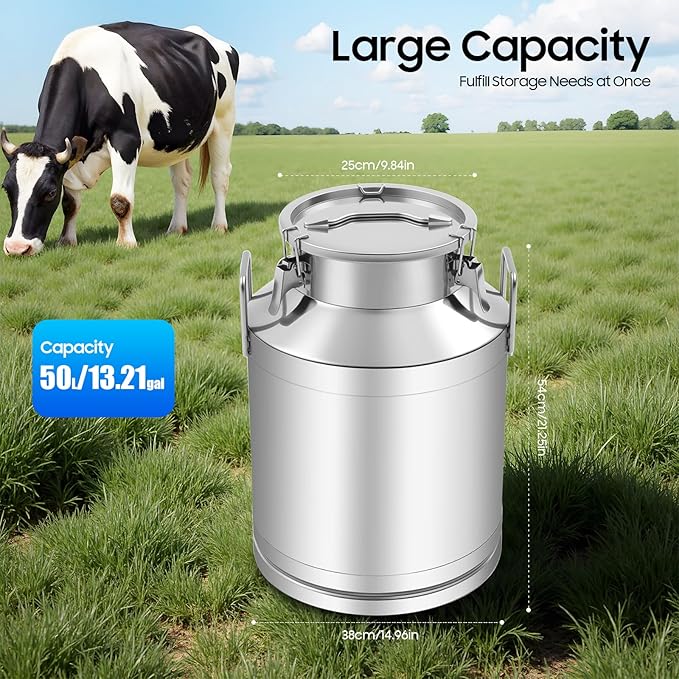 Stainless Steel Milk Can 50L/13.2Gal Metal Airtight Canister Food Storage Container with Lid &amp Clamps Bean Rice Cereal Storage Bucket for Kitchen Restaurant W15*H21.3in