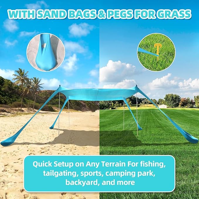 Beach Tent Sun Shelter UPF50+ 10x10 FT Family Pop Up Sun Shade with 4 Aluminum Poles Carrying Bag Floor Mat Sunglasses Sand Shovel Outdoor Shade Canopy for Beach Camping