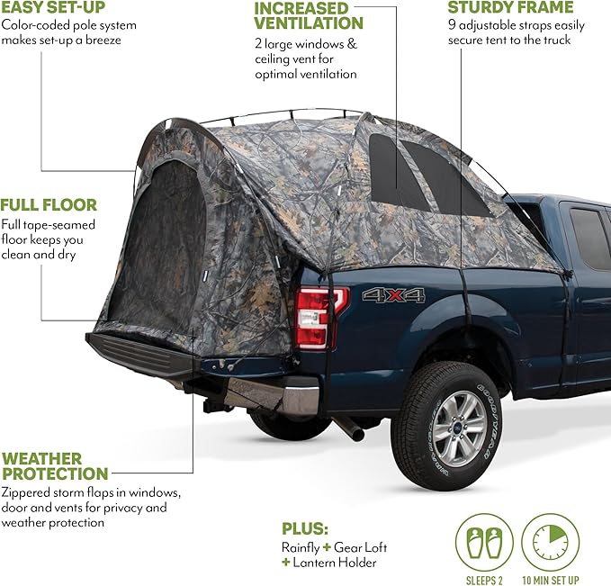 Napier Backroadz Camo Truck Tent | Pickup Truck Bed Camping Tent | Rainfly for Water Protection | Sturdy and Spacious 2-Person Truck Tent | Easy 10-Minute Setup | Camouflage
