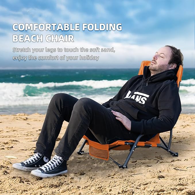 Outdoor Beach Chair for Adults Set of 2 PCS Portable Lightweight Low Back Sling Chair with Cup Holder 300lbs Capacity Camping Chair for Patio Lawn Concert Travel (Orange)