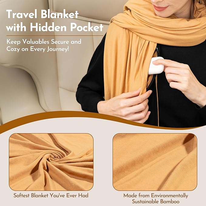 16-in-1 Compact Travel Blanket with Bag – Reversible Ultra Soft Bamboo Airplane Blanket with Hidden Pocket – Packable for Flights &amp Travel Essentials (Semi-Weighted Double Layer)