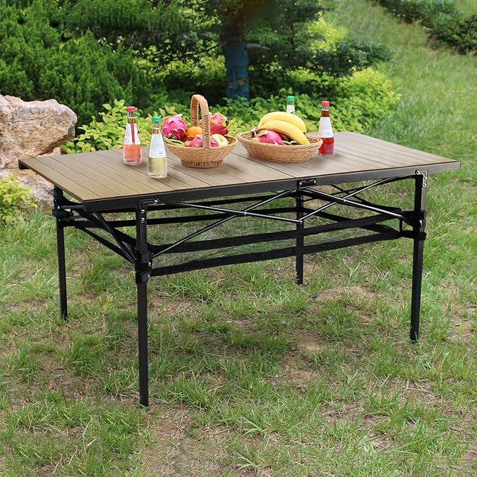 Large Folding Camping Table Aluminum with Storage for 4-6 People 55X27.5 Roll Up Tall Outdoor Portable Table Lightweight with Carry Bag for Picnic BBQ Backyard Beach