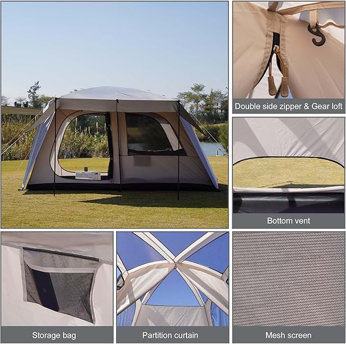 Vidalido 4-6 Person Camping Tent with 3 Door 2 Room Large Family Cabin Tents Double Layer Waterproof Portable Glamping Tent Big Tents for Outdoor Camping Hiking and Backpacking
